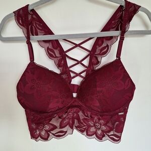 PINK Floral Lace Bralette in Burgundy, Sz M, Sexy Pullover With Adjustable Strap